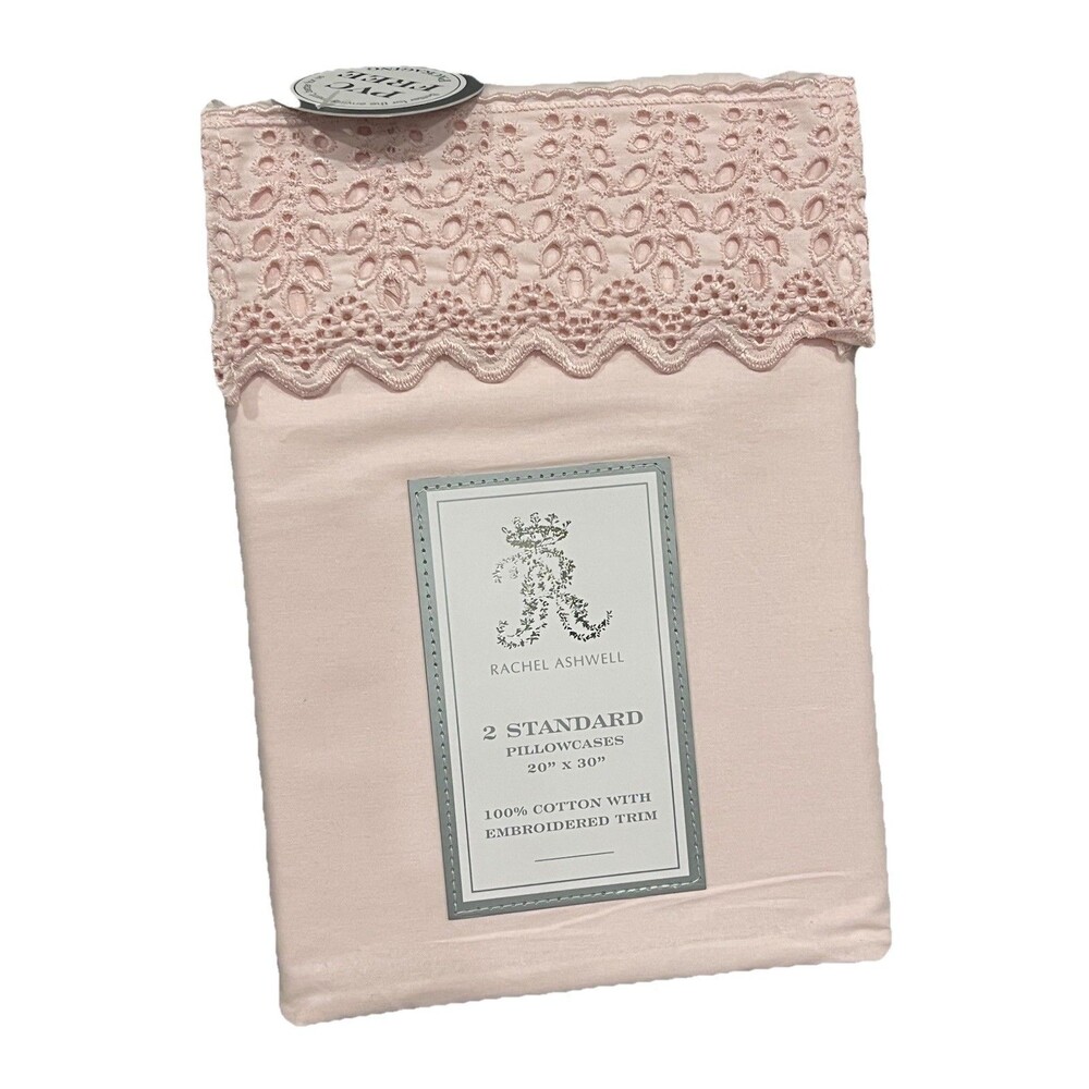 Rachel Ashwell Pink Standard Pillowcases COTTON EMBROIDERED Trim New